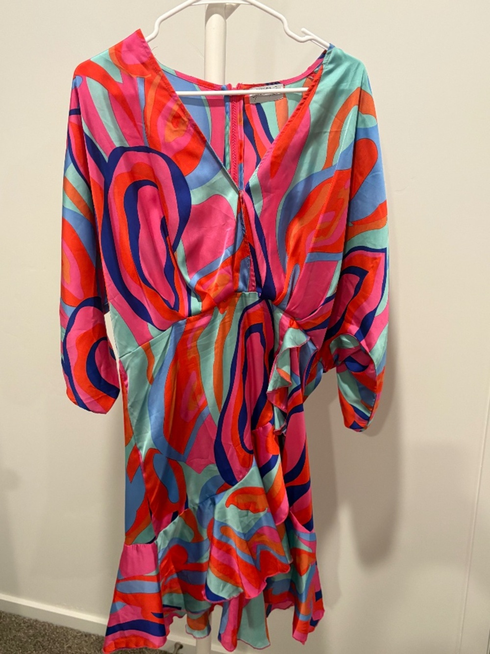 Southern Grace and Rose Satin Multicolor Faux Mini Wrap Dress- Size Medium